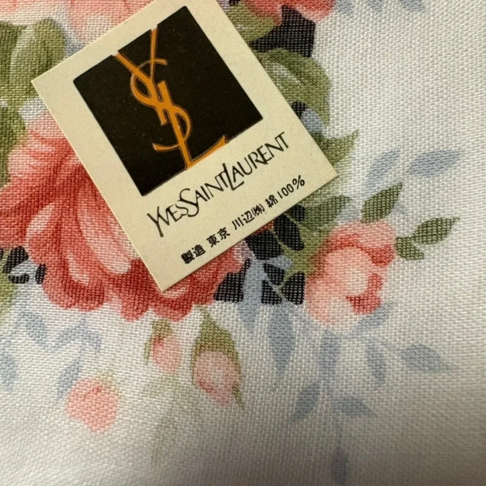 Vtg YVES SAINT LAURENT Scarf Handkerchief Floral Rose Cotton White 19.5
